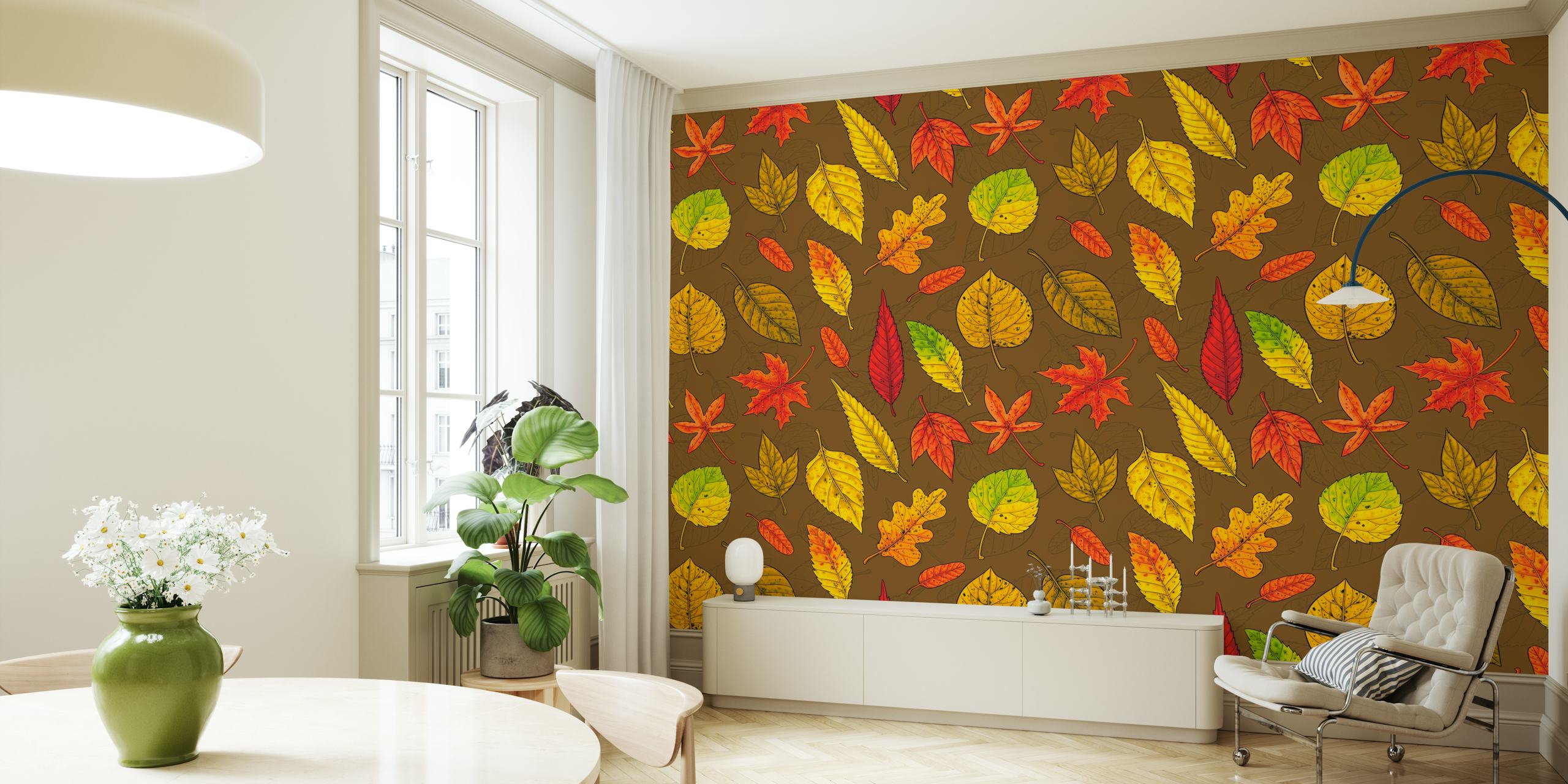Wallpaper featuring autumn leaves on brown